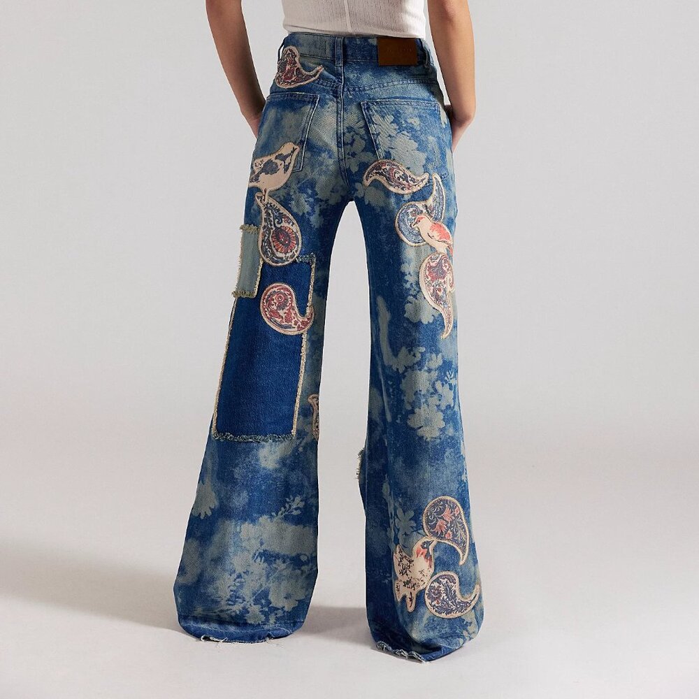 Free People Blue Paisley Patchwork Flare Jeans - Picture 2 of 3